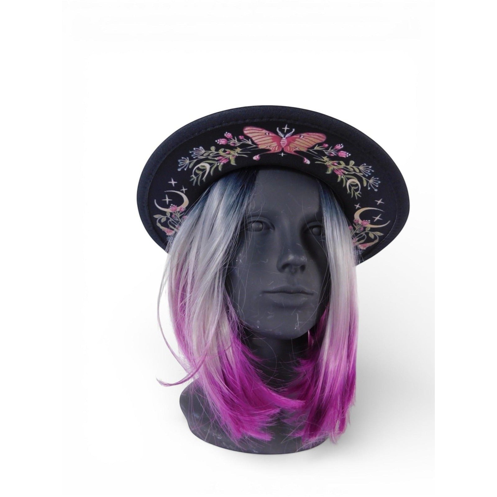 The Witches' Quest black wide brim fedora with colorful butterfly, floral, and moon phase embroidery on a mannequin.