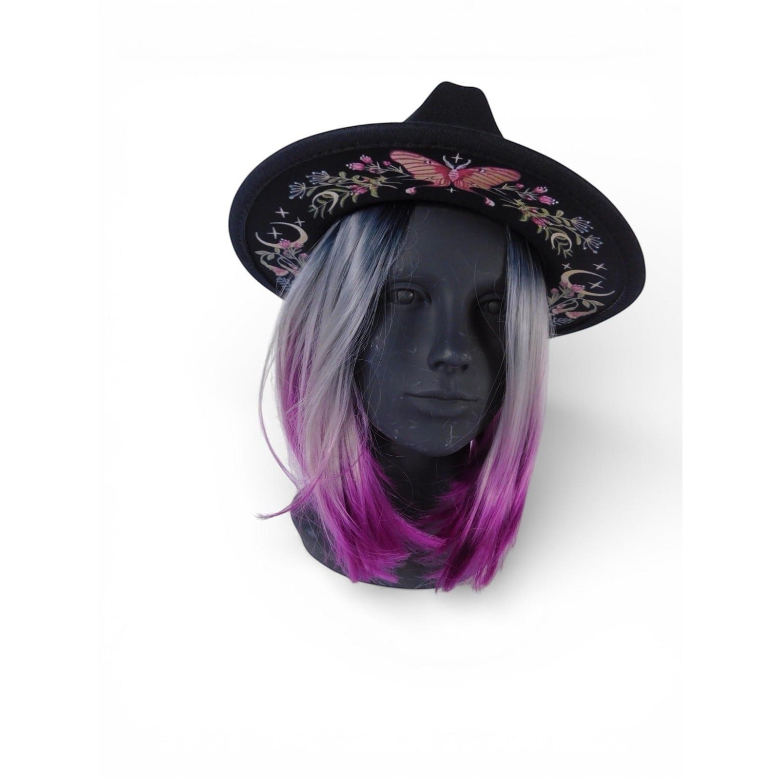 The Witches' Quest black wide brim fedora with colorful floral, moon, and butterfly embroidery on a mannequin head.