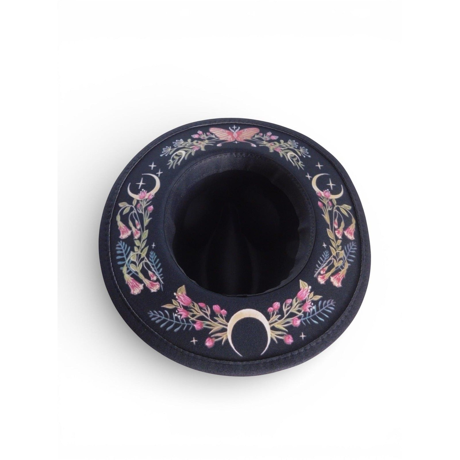 The Witches' Quest black wide brim fedora with colorful floral, moon phase, and butterfly embroidery on the brim