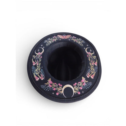 The Witches' Quest black wide brim fedora with colorful floral, moon phase, and butterfly embroidery on the brim