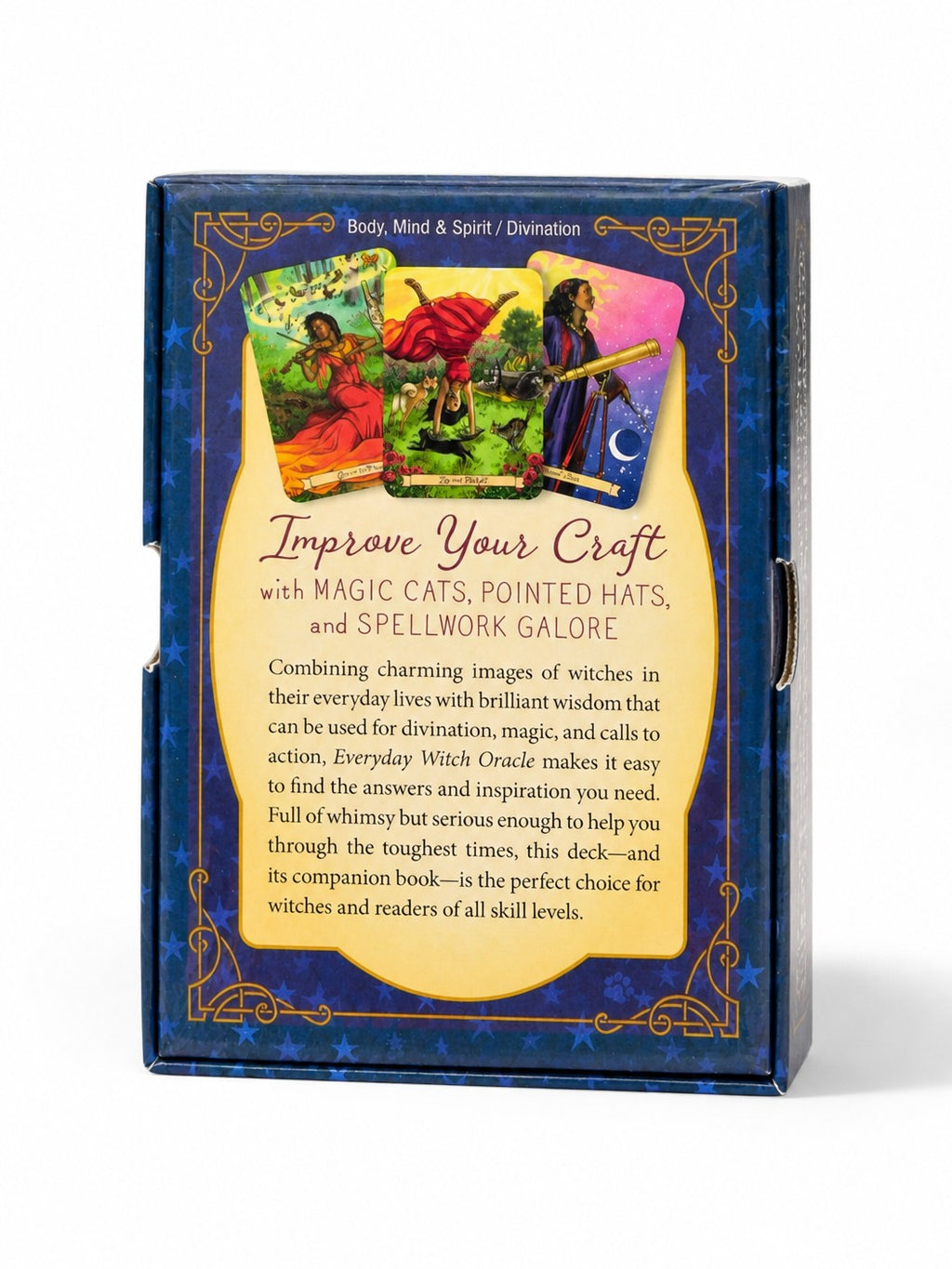 The Witches' Quest Everyday Witch Oracle deck box back cover featuring whimsical witch illustrations and guidebook info