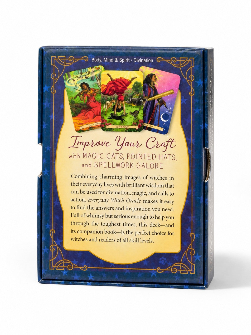 The Witches' Quest Everyday Witch Oracle deck box back cover featuring whimsical witch illustrations and guidebook info