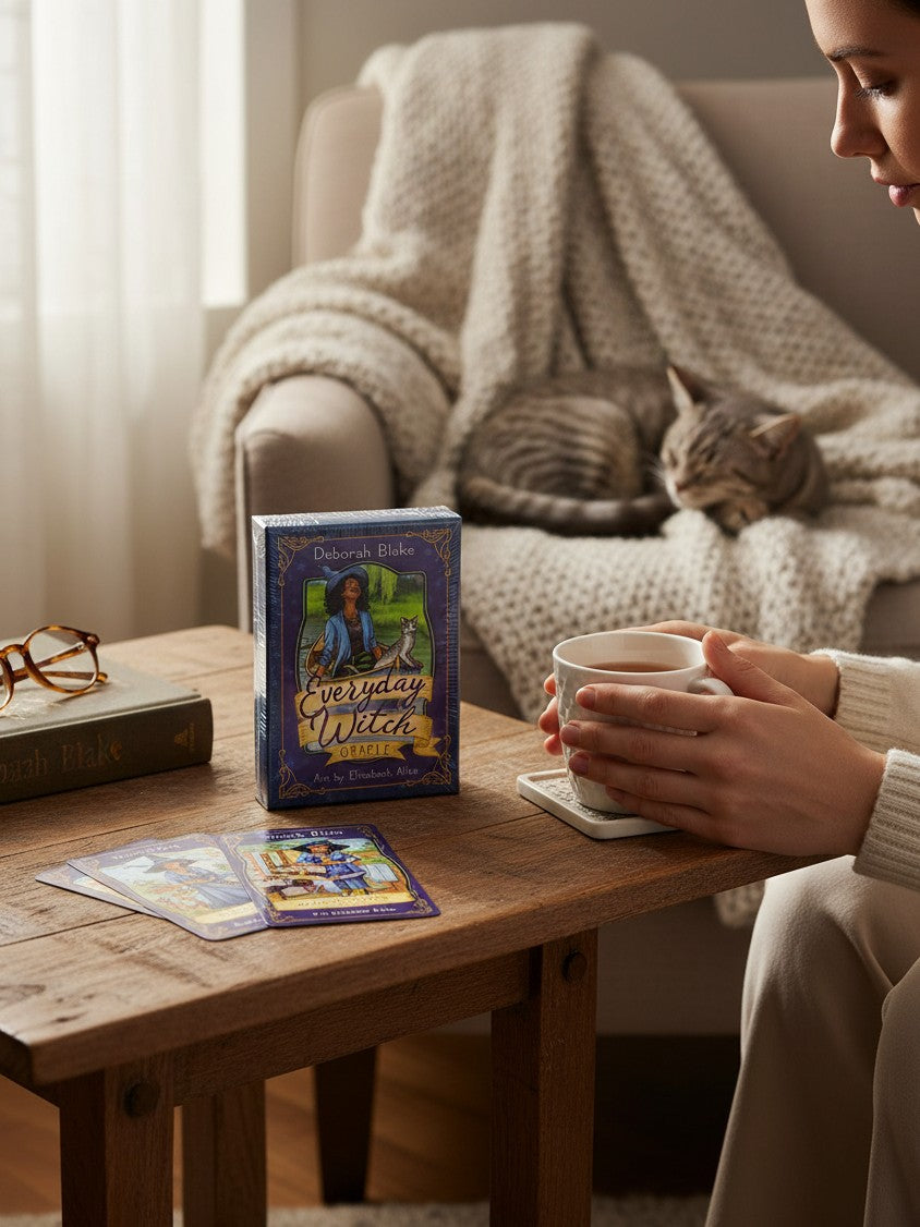 The Witches' Quest Everyday Witch Oracle deck box and cards on a wooden table with a woman holding a mug nearby.