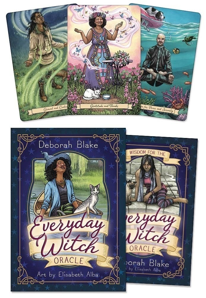 The Witches' Quest Everyday Witch Oracle deck featuring whimsical illustrations, 40 cards, and a 112-page guidebook.