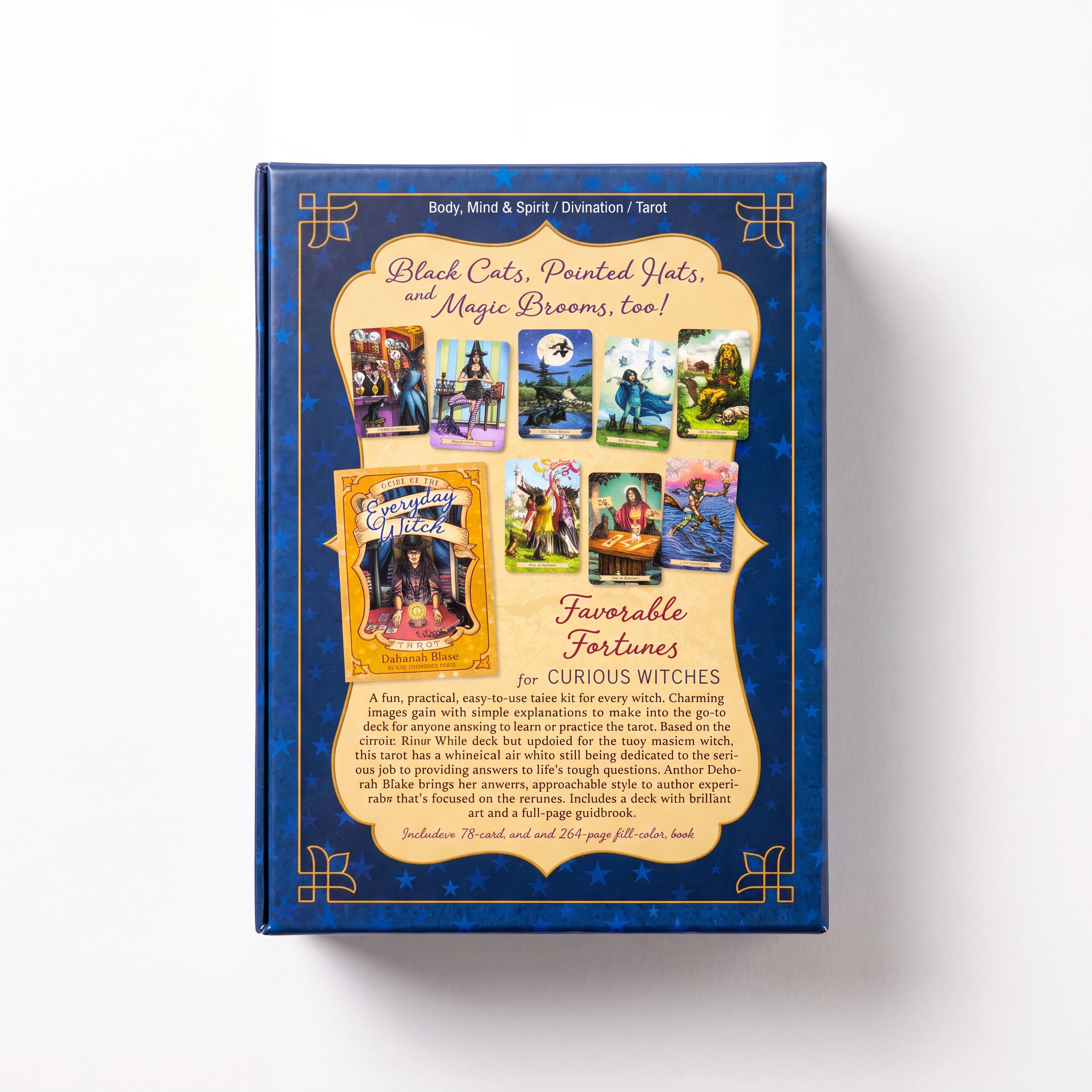 The Witches' Quest Everyday Witch Tarot box back featuring whimsical illustrations of cats, witches, and magic.