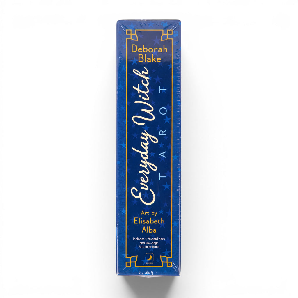 The Witches' Quest Everyday Witch Tarot deck box side view featuring blue background with gold stars and lettering.