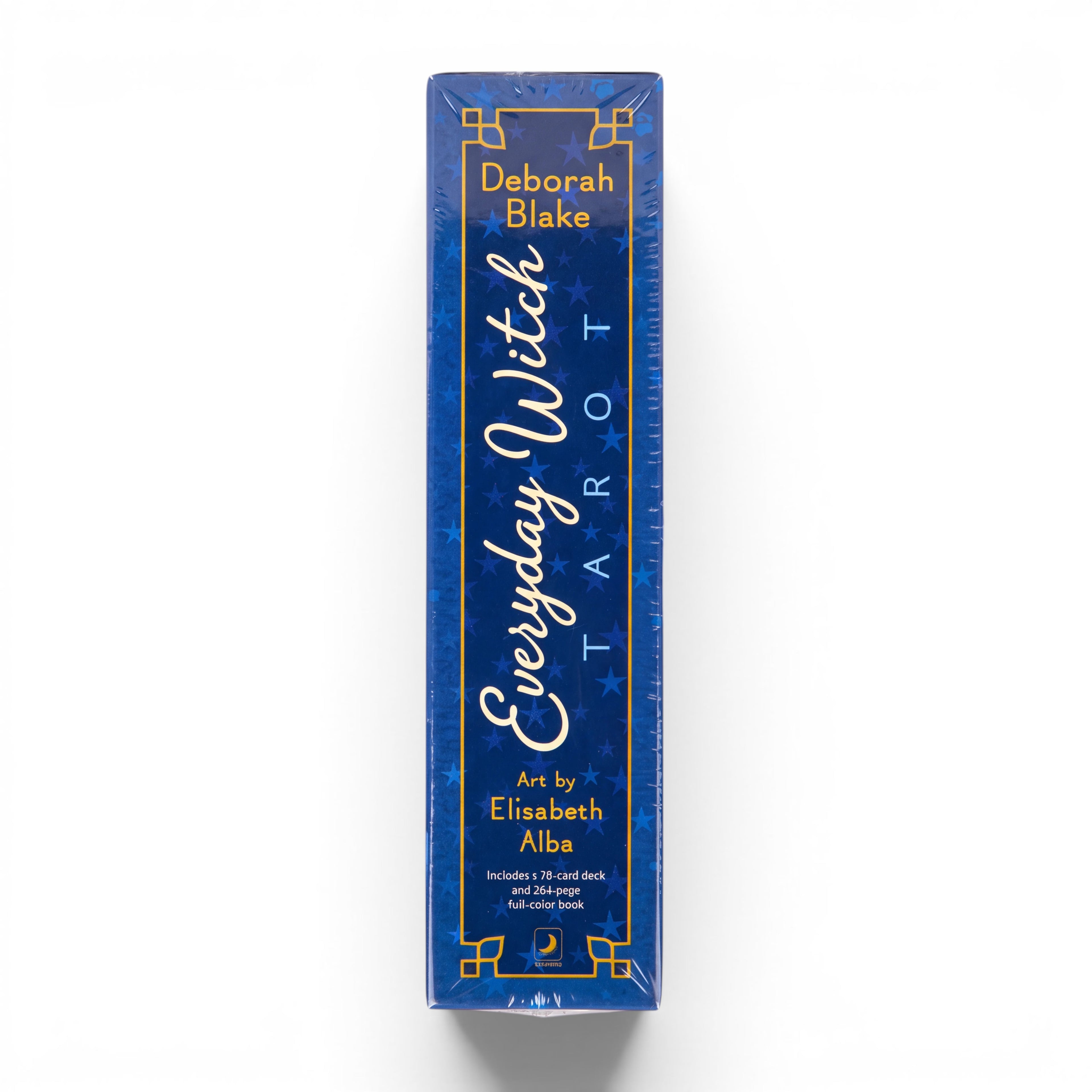The Witches' Quest Everyday Witch Tarot deck box side view featuring blue background with gold stars and lettering.