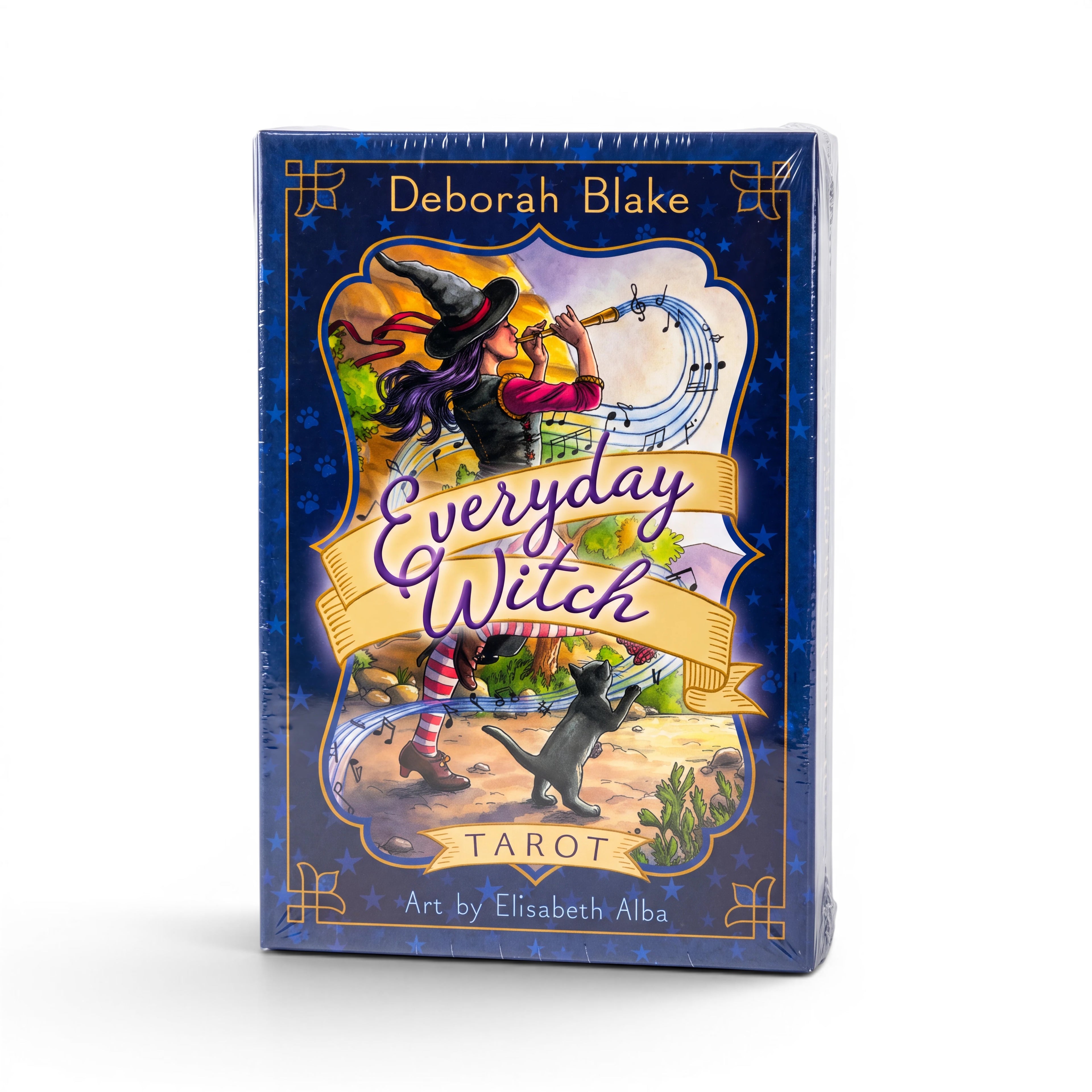The Witches' Quest Everyday Witch Tarot deck box featuring whimsical witch and cat art by Deborah Blake and Elisabeth Alba