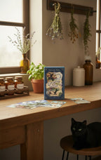 The Witches' Quest Everyday Witch Tarot deck box and cards on a wooden table with a black cat sitting nearby.