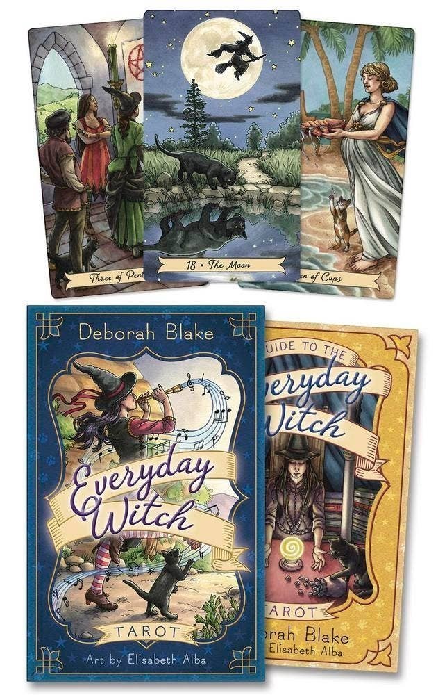 The Witches' Quest Everyday Witch Tarot deck featuring whimsical illustrations of witches and black cats with guidebook