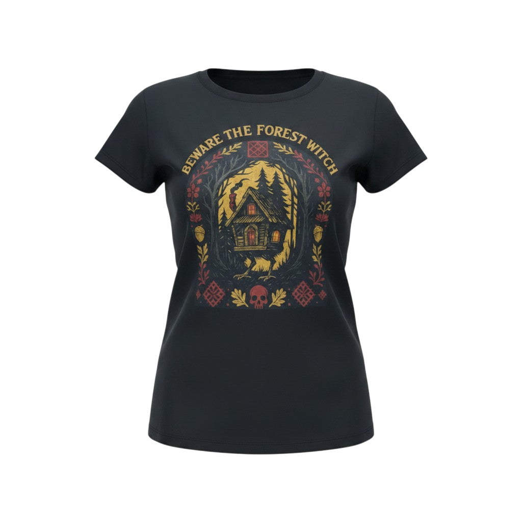 The Witches' Quest black cotton unisex t-shirt featuring a Beware The Forest Witch graphic with a cottage and skull.