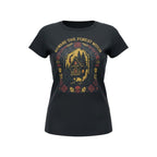 The Witches' Quest black cotton unisex t-shirt featuring a Beware The Forest Witch graphic with a cottage and skull.