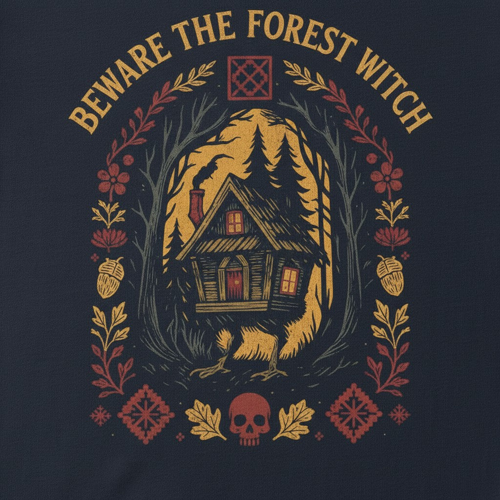 The Witches' Quest black cotton unisex t-shirt featuring a Beware The Forest Witch graphic of a cottage in the woods.