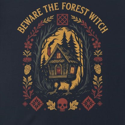 The Witches' Quest black cotton unisex t-shirt featuring a Beware The Forest Witch graphic of a cottage in the woods.