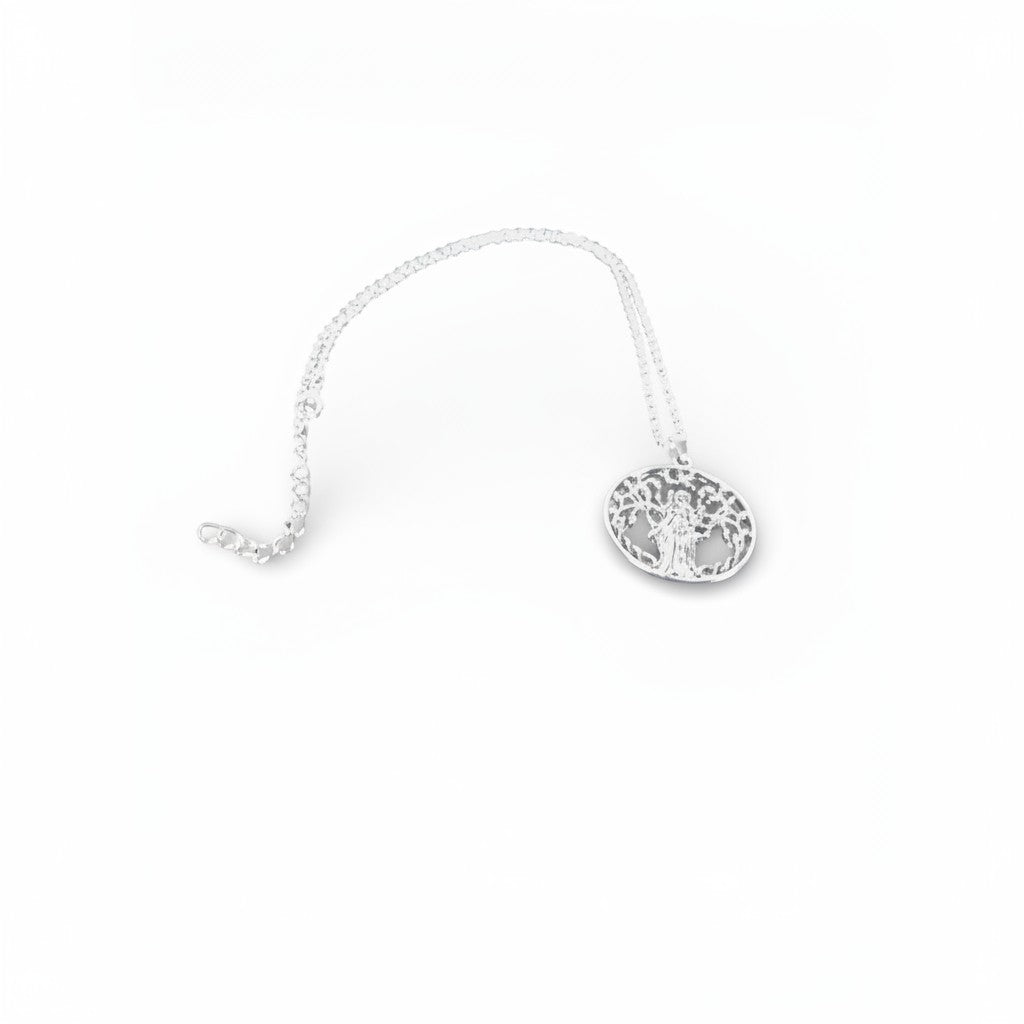 The Witches' Quest silver tone round pendant necklace featuring a goddess figure within a tree of life design.
