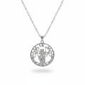 The Witches' Quest silver tone round pendant necklace featuring a goddess figure within a tree of life openwork design