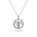 The Witches' Quest silver tone round pendant necklace featuring a goddess figure within a tree of life openwork design