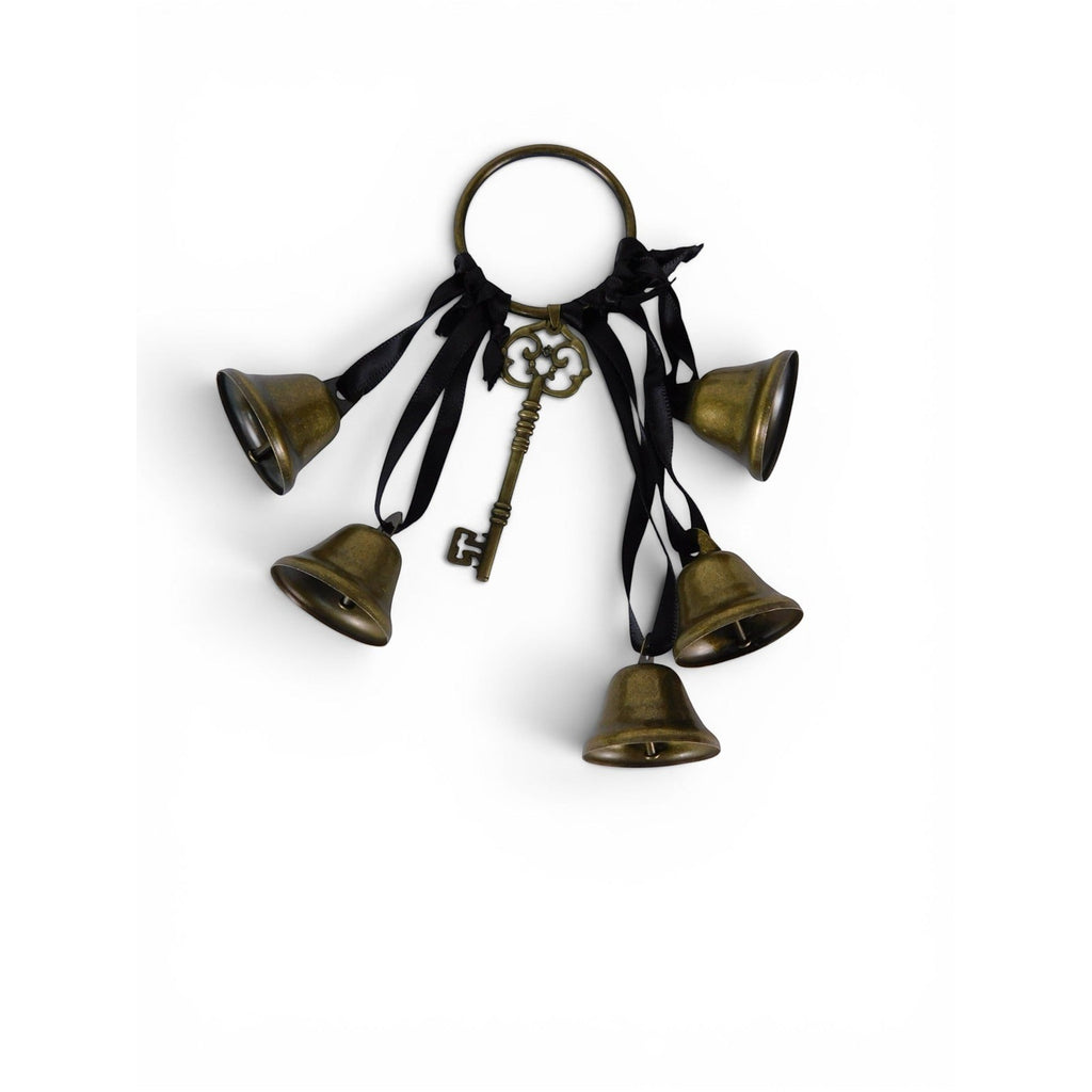 The Witches' Quest gold metal door bells with black ribbons and a vintage skeleton key charm for witchy home decor.