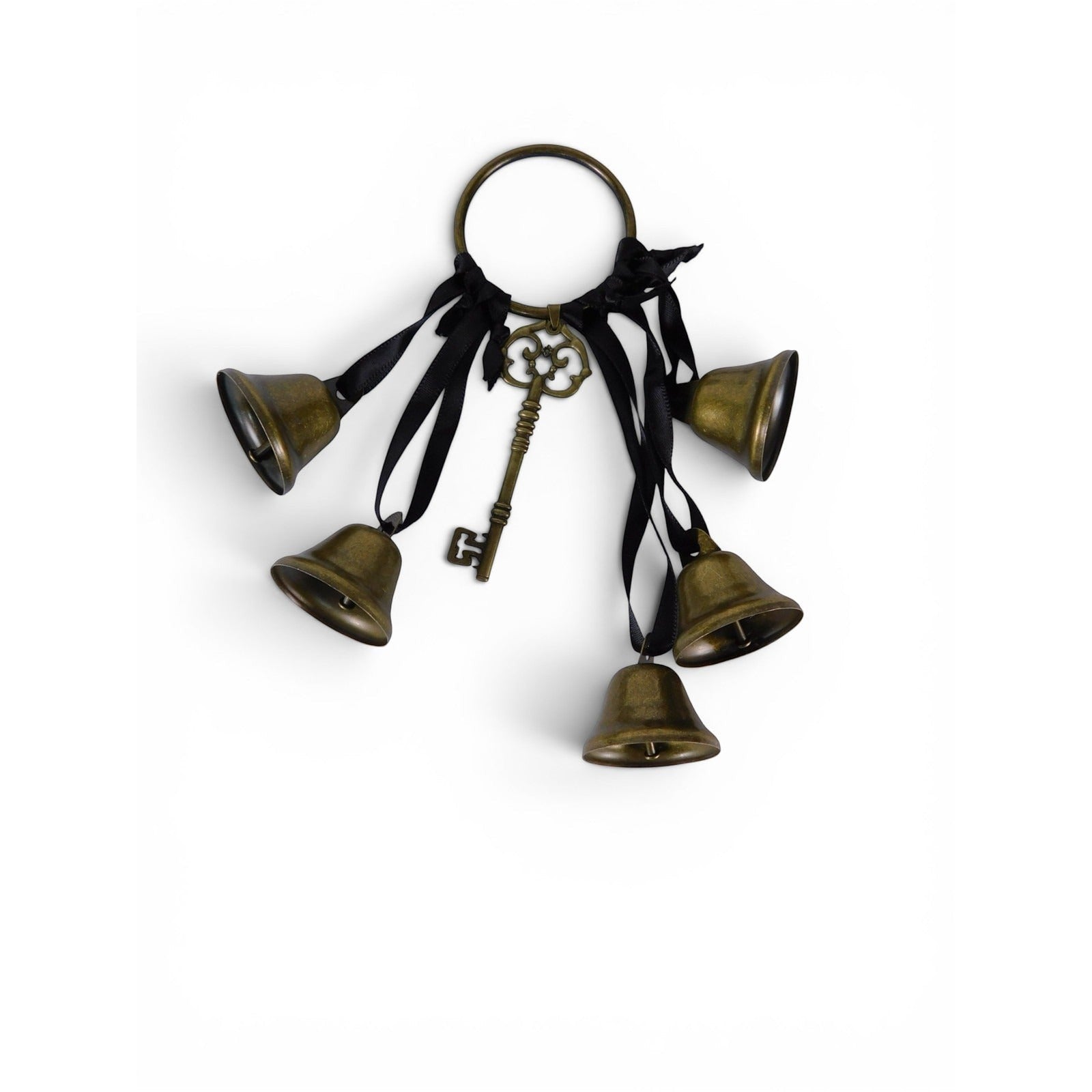 The Witches' Quest gold metal door bells with black ribbons and a vintage skeleton key charm for witchy home decor.