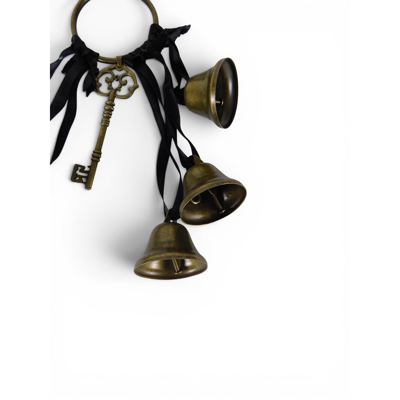 The Witches' Quest gold metal door bells with black ribbons and an ornate skeleton key charm for witchy home decor.