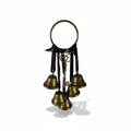 The Witches' Quest gold metal door bells with black ribbons and a vintage skeleton key charm for witchy home decor.