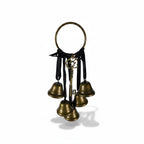 The Witches' Quest gold metal door bells with black ribbons and a vintage skeleton key charm for witchy home decor.