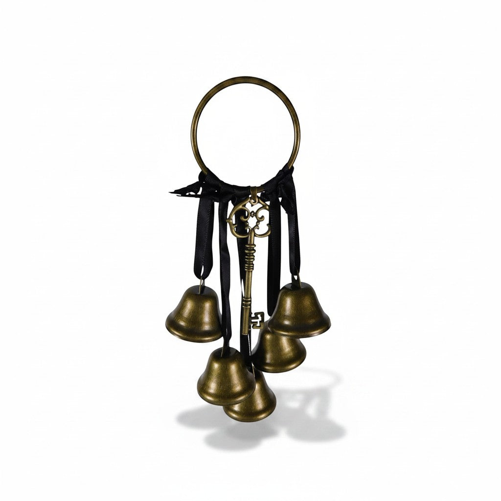The Witches' Quest gold metal door bells with black ribbons and a vintage skeleton key charm for witchy home decor.