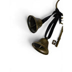 The Witches' Quest gold metal door bells with black ribbon and vintage skeleton key charm for witchy home decor