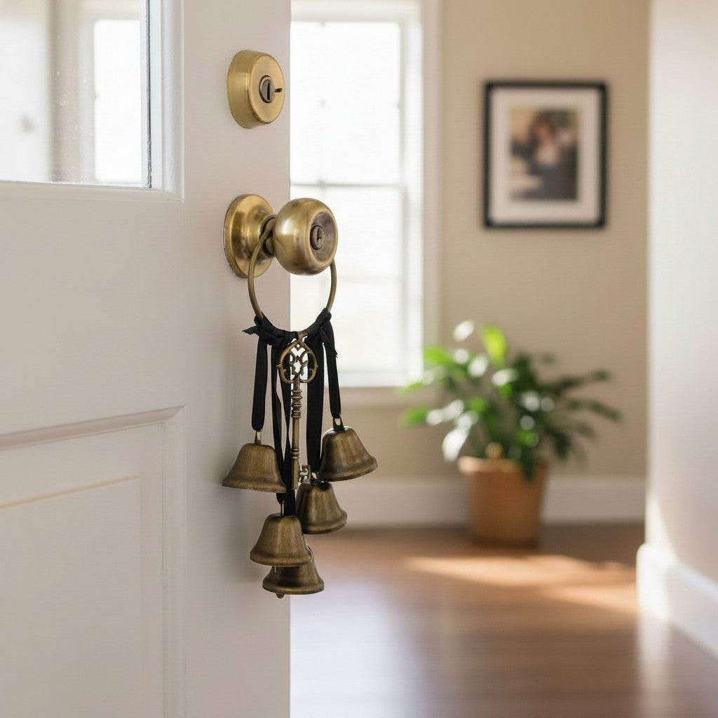 The Witches' Quest gold metal door bells with black ribbons and skeleton key charm hanging on a white door knob.