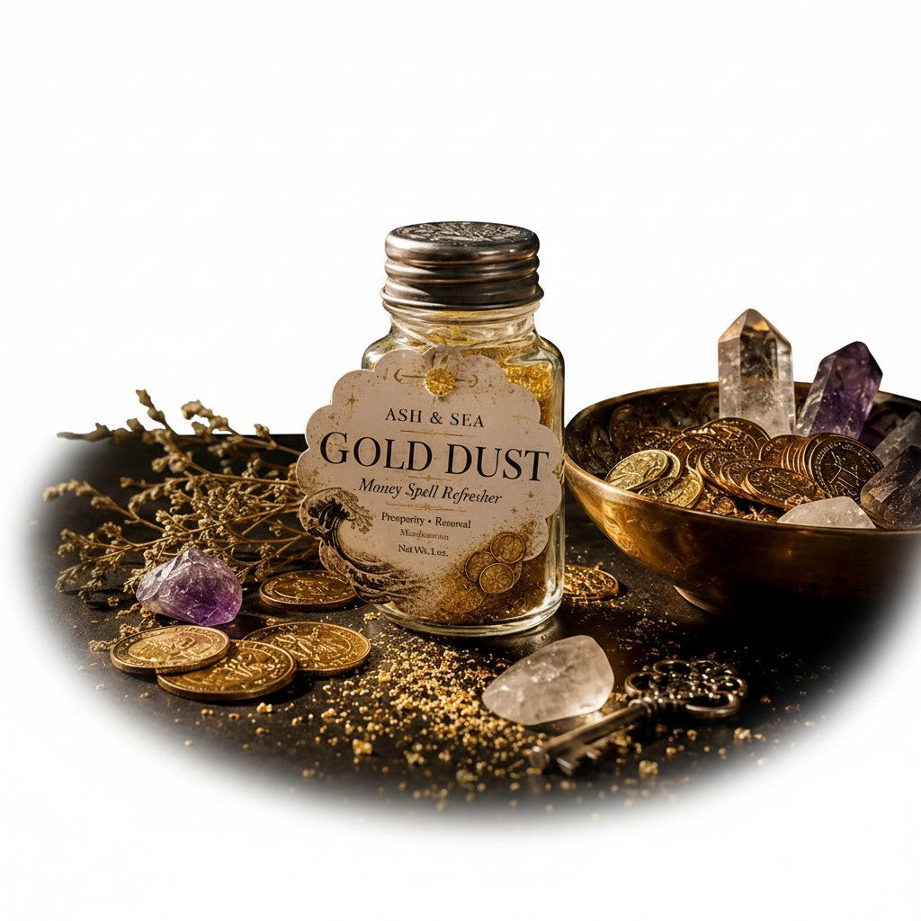 The Witches' Quest Ash & Sea Gold Dust ritual blend in a glass shaker bottle with coins, crystals, and a brass key.