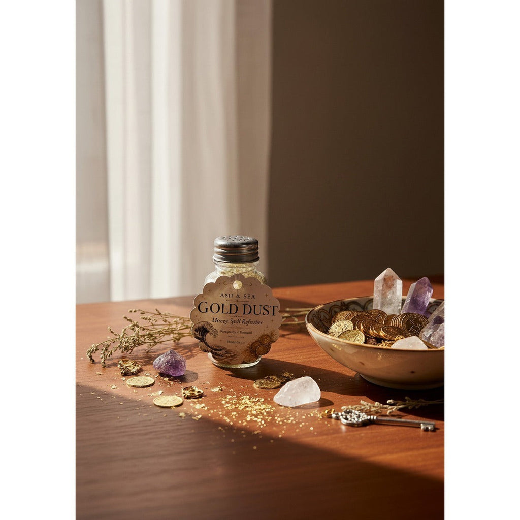 The Witches' Quest Gold Dust money spell refresher in a glass shaker bottle with ritual crystals and gold coins