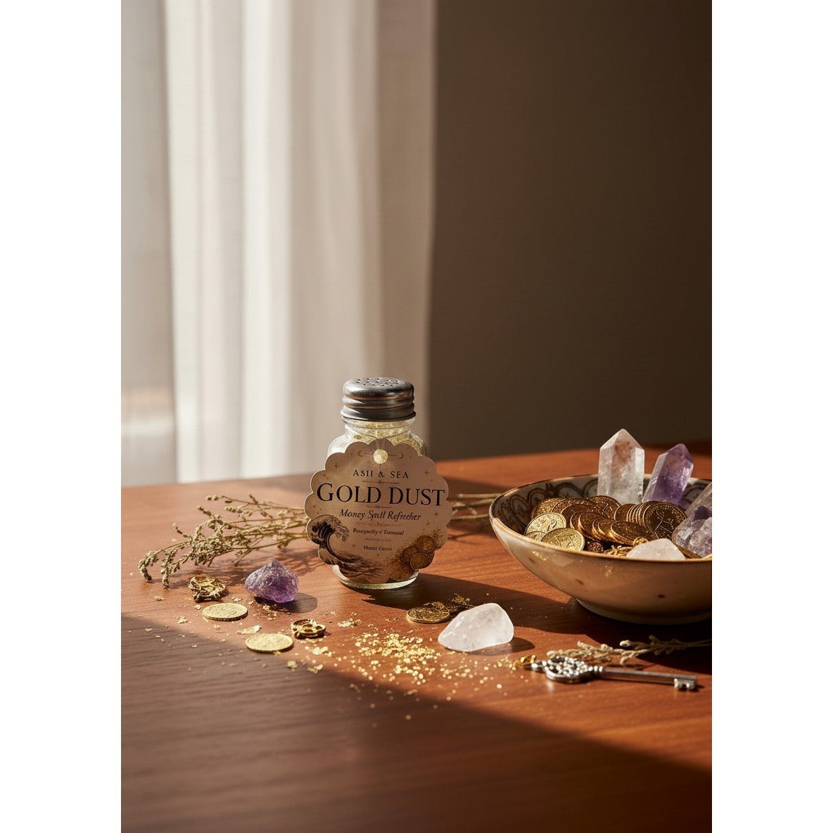 The Witches' Quest Gold Dust money spell refresher in a glass shaker bottle with ritual crystals and gold coins