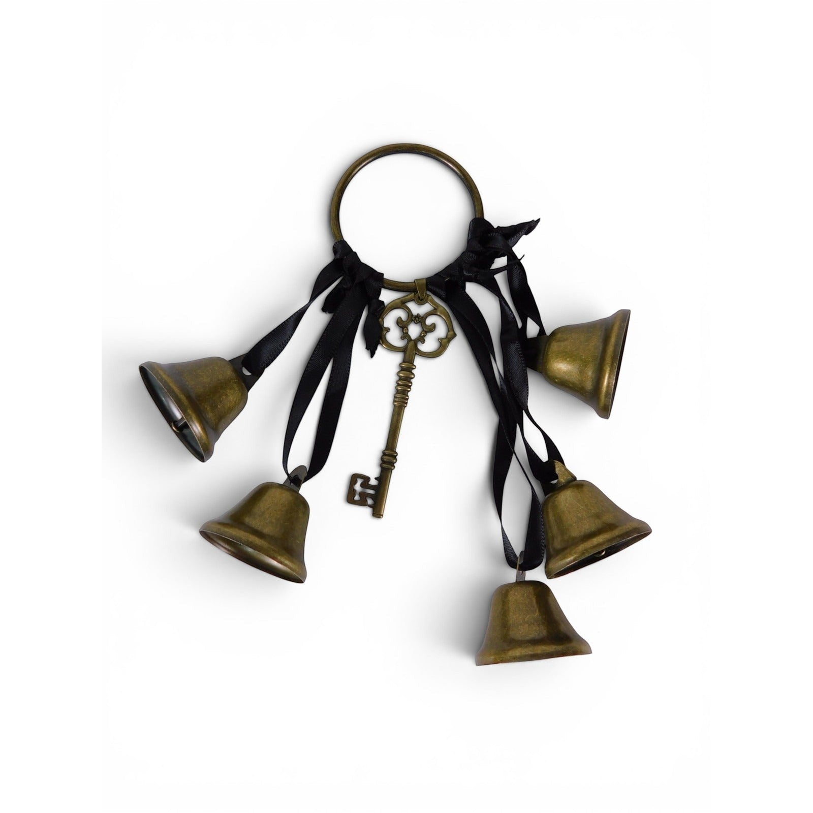 The Witches' Quest gold-tone metal bells with black ribbons and an ornate skeleton key charm for witchy home decor.