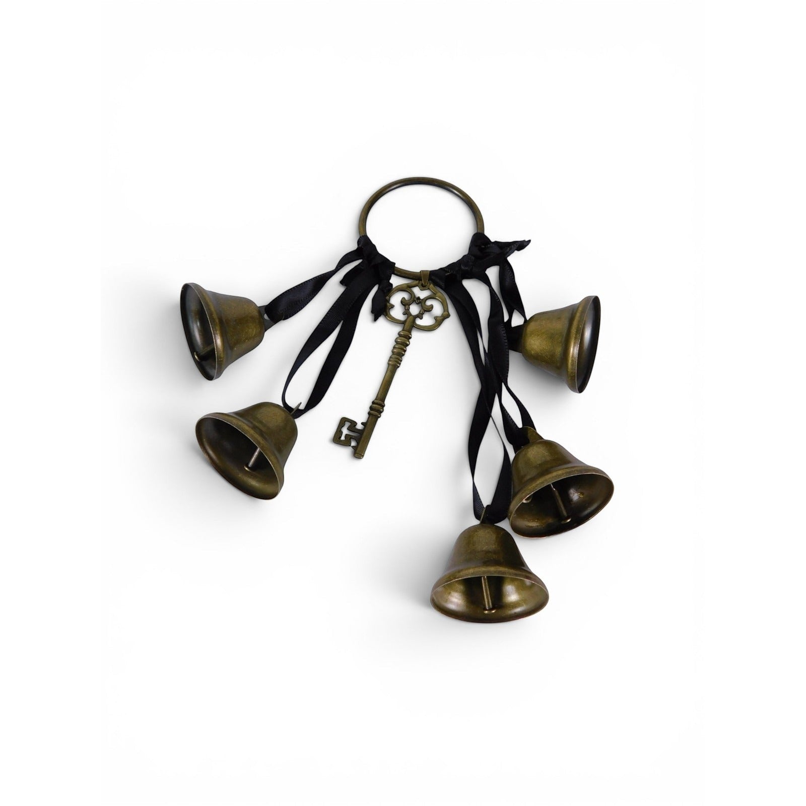 The Witches' Quest gold-tone metal door bells with black ribbons and a vintage skeleton key charm for witchy decor.