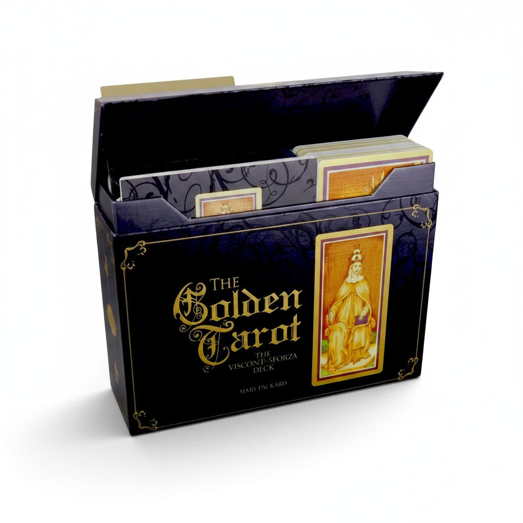 The Witches' Quest Golden Tarot Visconti-Sforza deck box set with medieval-style cards and guidebook