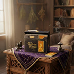 The Witches' Quest Golden Tarot Visconti-Sforza deck box set with purple satin cloth and incense on a wooden table.