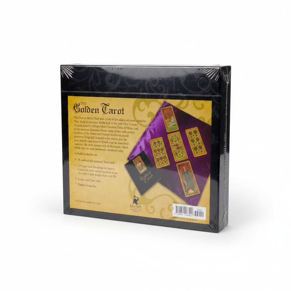 The Witches' Quest Golden Tarot Visconti Sforza deck box set with guidebook, purple satin cloth, and medieval cards.