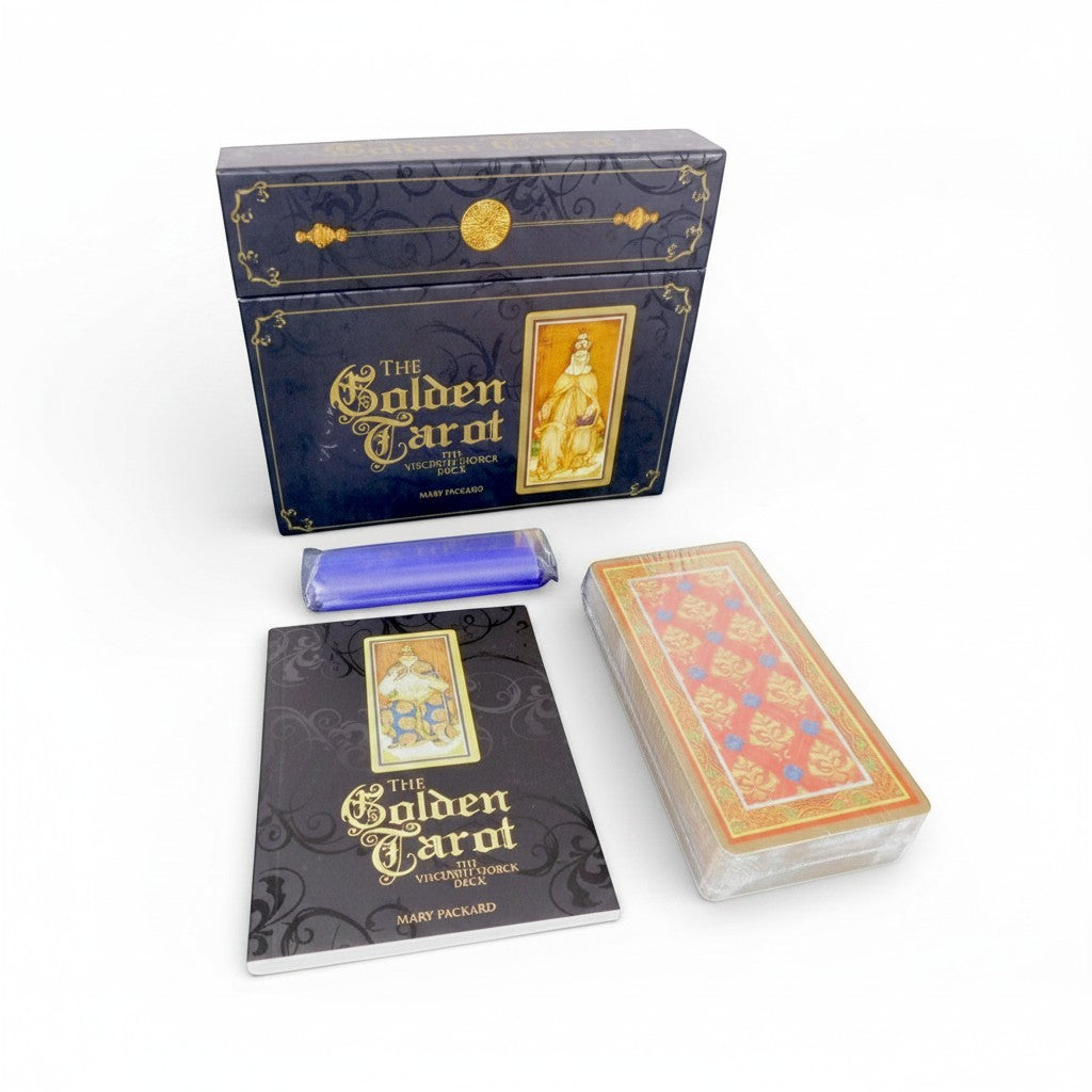 The Witches' Quest Golden Tarot Visconti-Sforza deck set with guidebook, 78 cards, and purple satin cloth in a box.