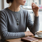 The Witches' Quest gothic silver bat cameo necklace with black resin pendant worn by a woman in a grey sweater.