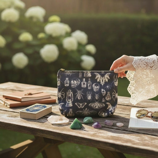 The Witches' Quest gothic makeup bag in black fabric with a white skull and insect pattern on a wooden table.