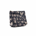 The Witches' Quest gothic makeup bag in black fabric with a white skull, insect, and lantern print and zipper closure.