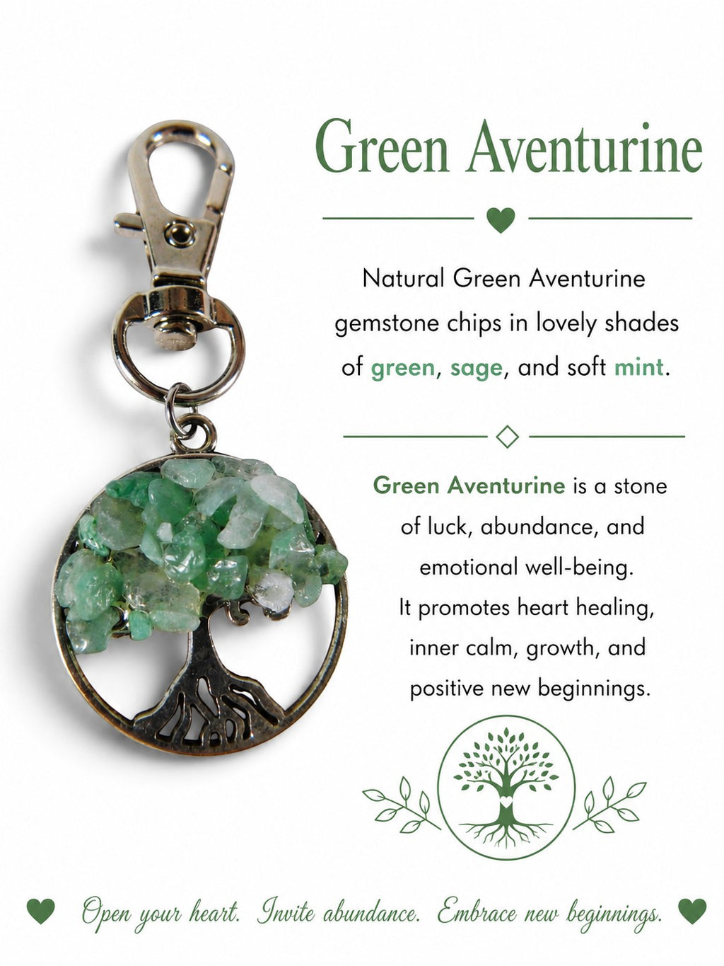 The Witches' Quest green aventurine gemstone chip tree of life keychain with a silver-toned swivel lobster clasp.