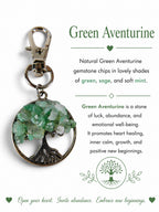 The Witches' Quest green aventurine gemstone chip tree of life keychain with a silver-toned swivel lobster clasp.