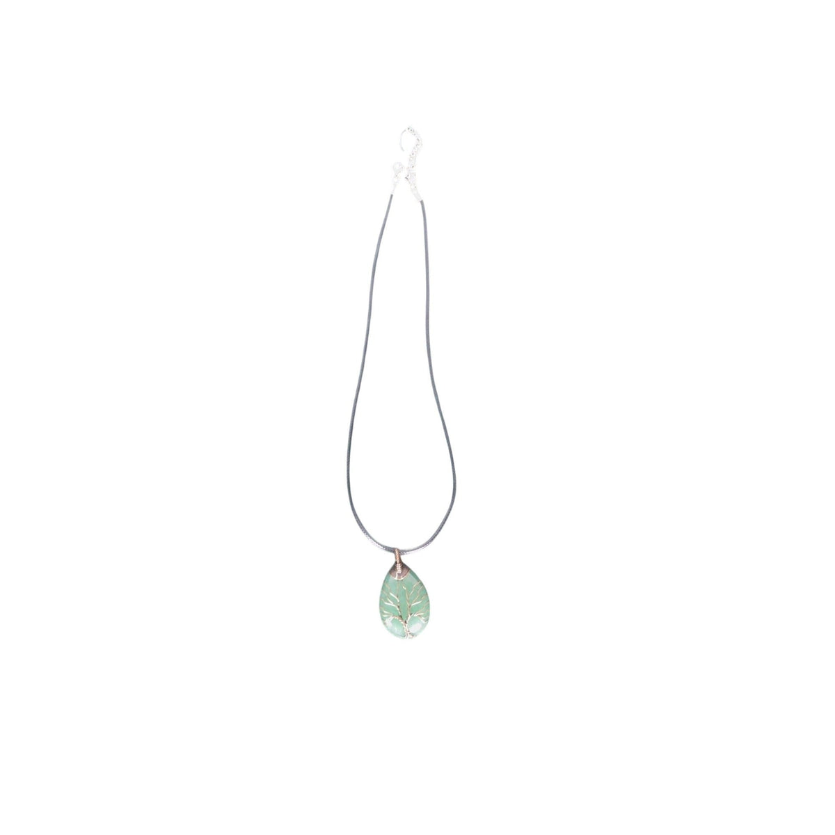 The Witches' Quest green aventurine teardrop pendant with a copper wire wrapped tree of life design on a cord necklace