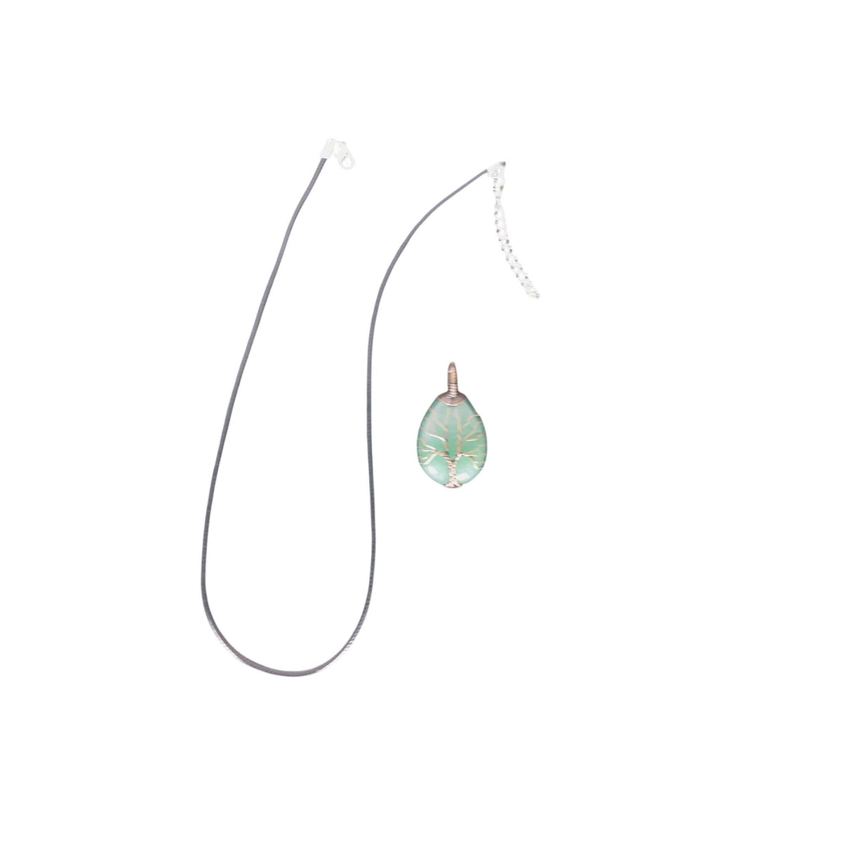 The Witches' Quest green aventurine teardrop pendant with copper wire wrapped tree of life design on a cord necklace.
