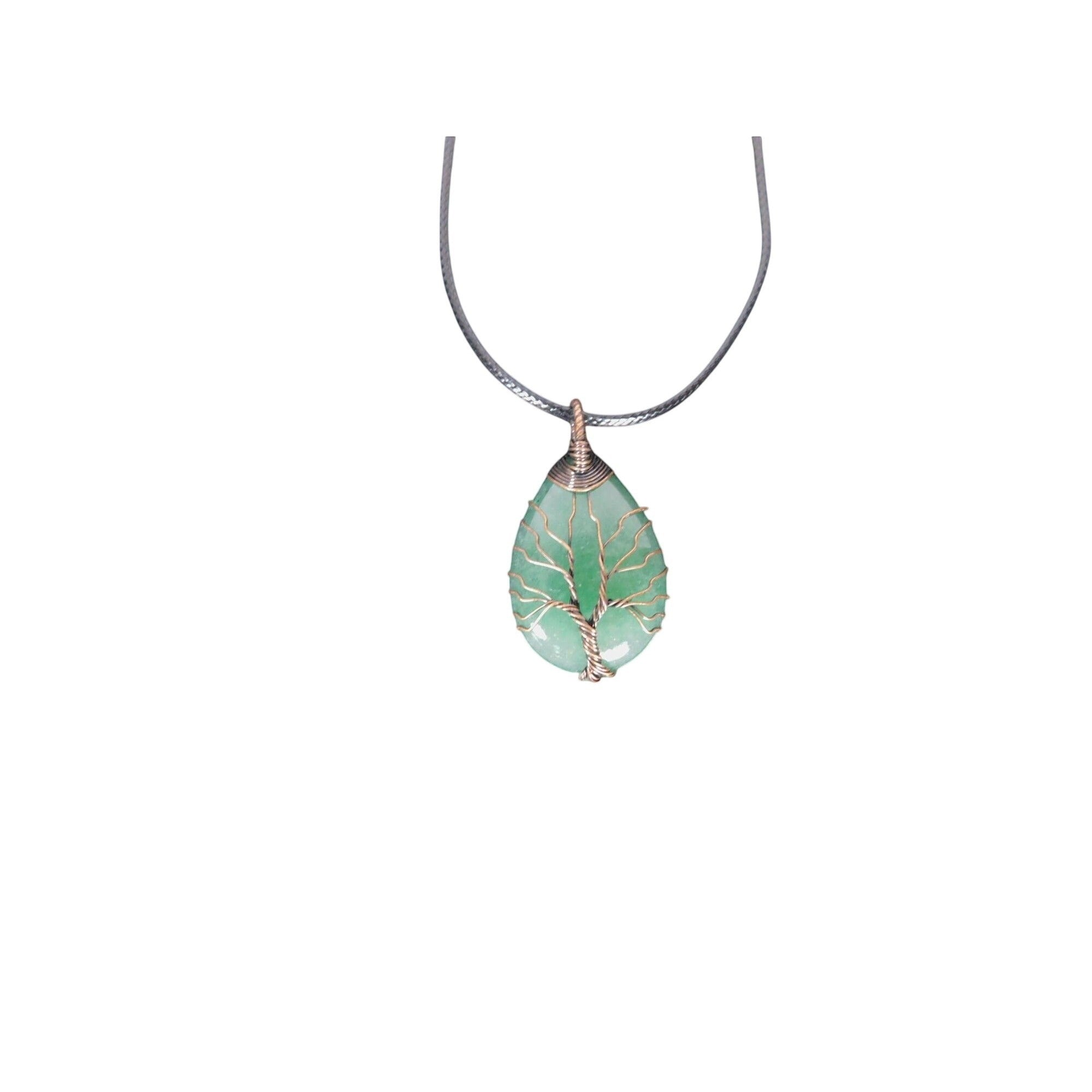 The Witches' Quest green aventurine teardrop pendant necklace with a copper wire wrapped Tree of Life design.