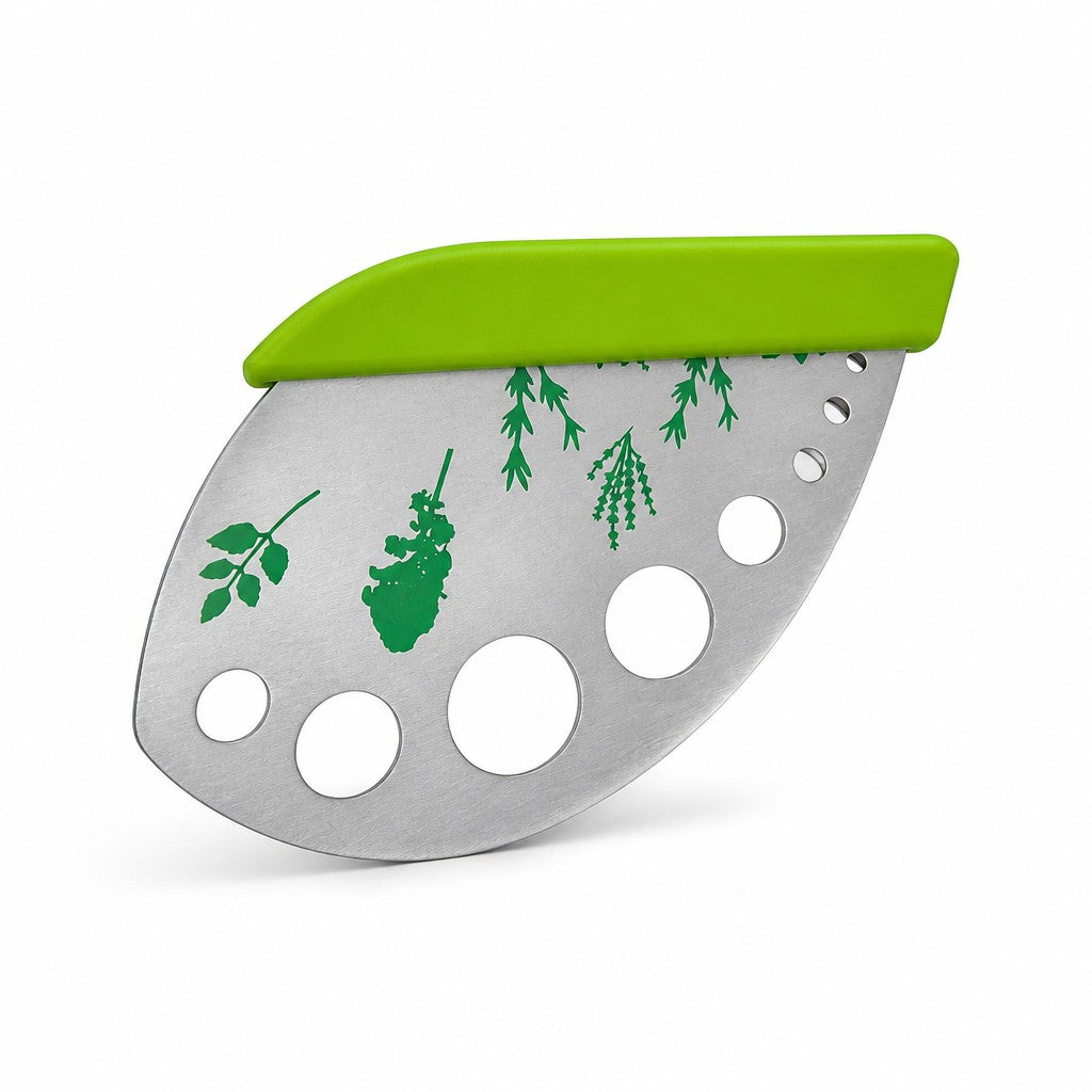 The Witches' Quest green herb mezzaluna knife with stainless steel blade, stem-stripping holes, and leaf print design.