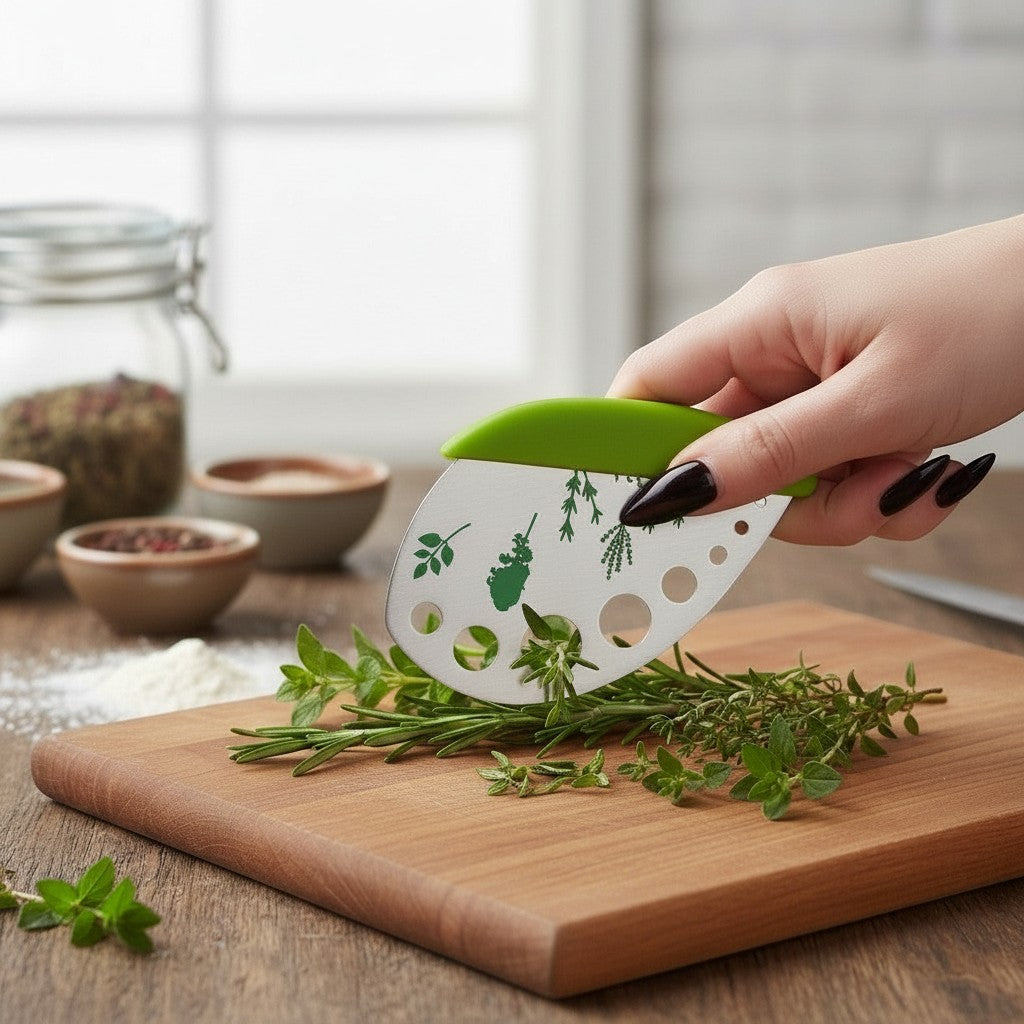 The Witches' Quest green herb mezzaluna knife with stainless steel blade and stem-stripping holes chopping fresh herbs.