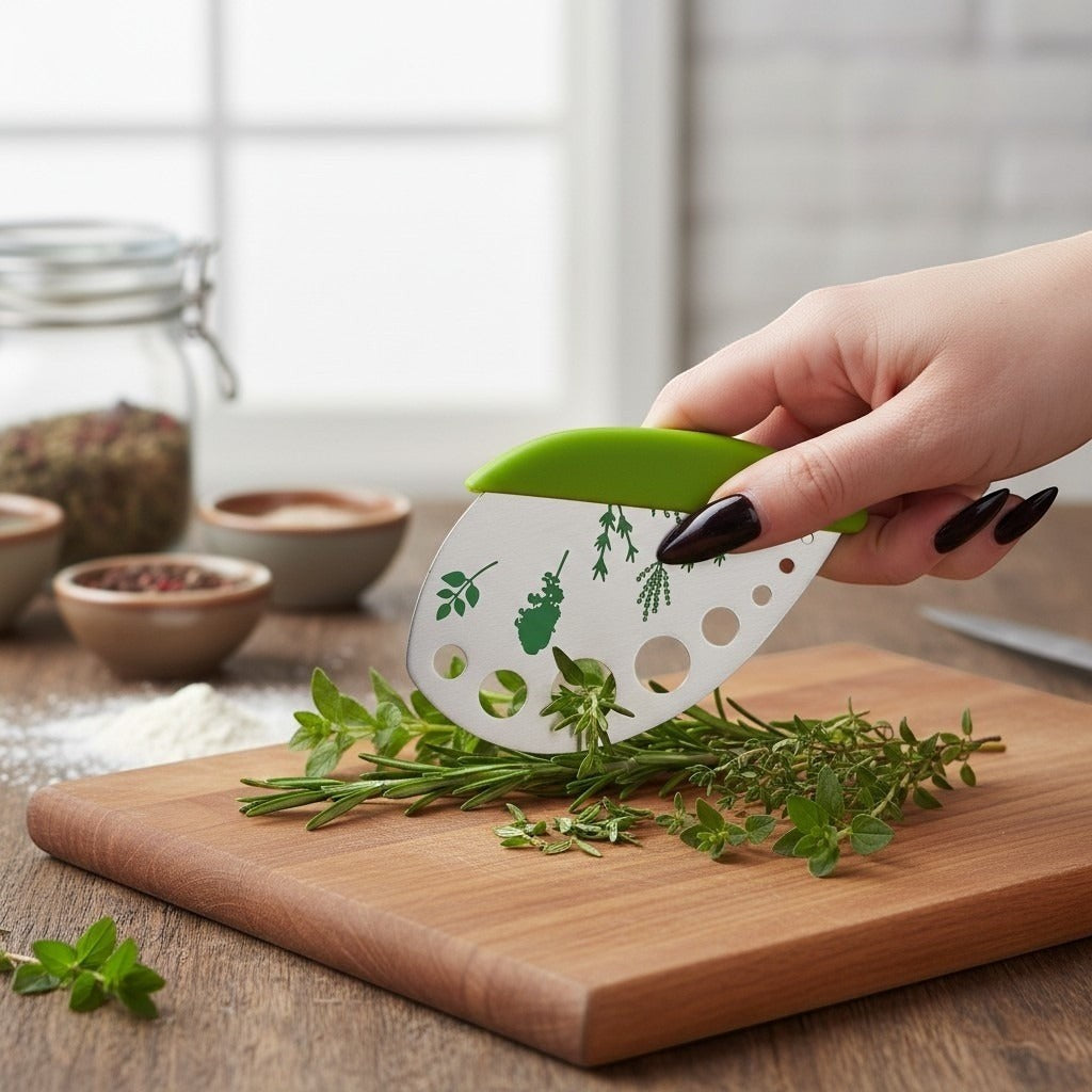 The Witches' Quest green herb mezzaluna knife with stainless steel blade and herb stem-stripping holes on wood board