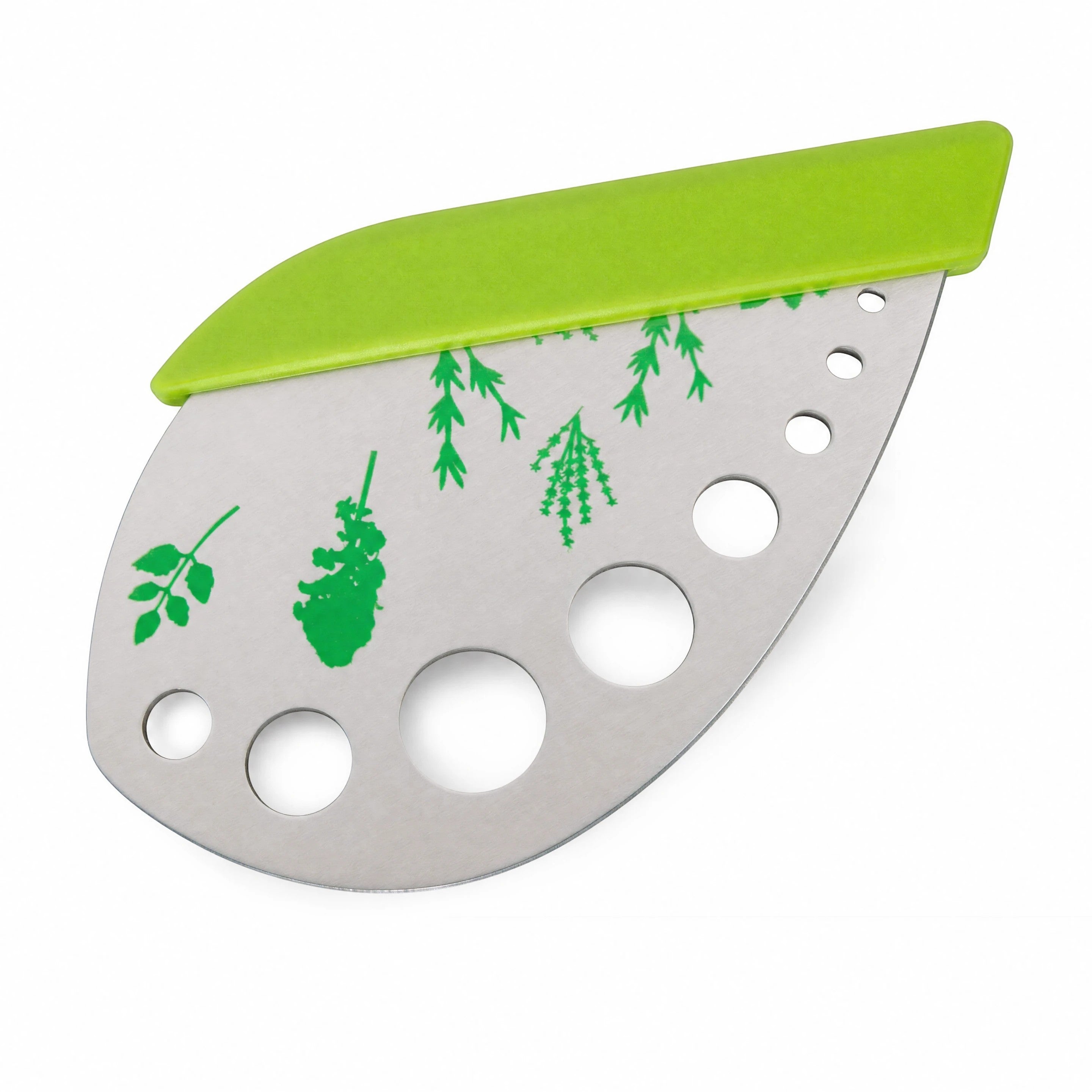 The Witches' Quest green and stainless steel mezzaluna herb knife with stem-stripping holes and leaf print design.